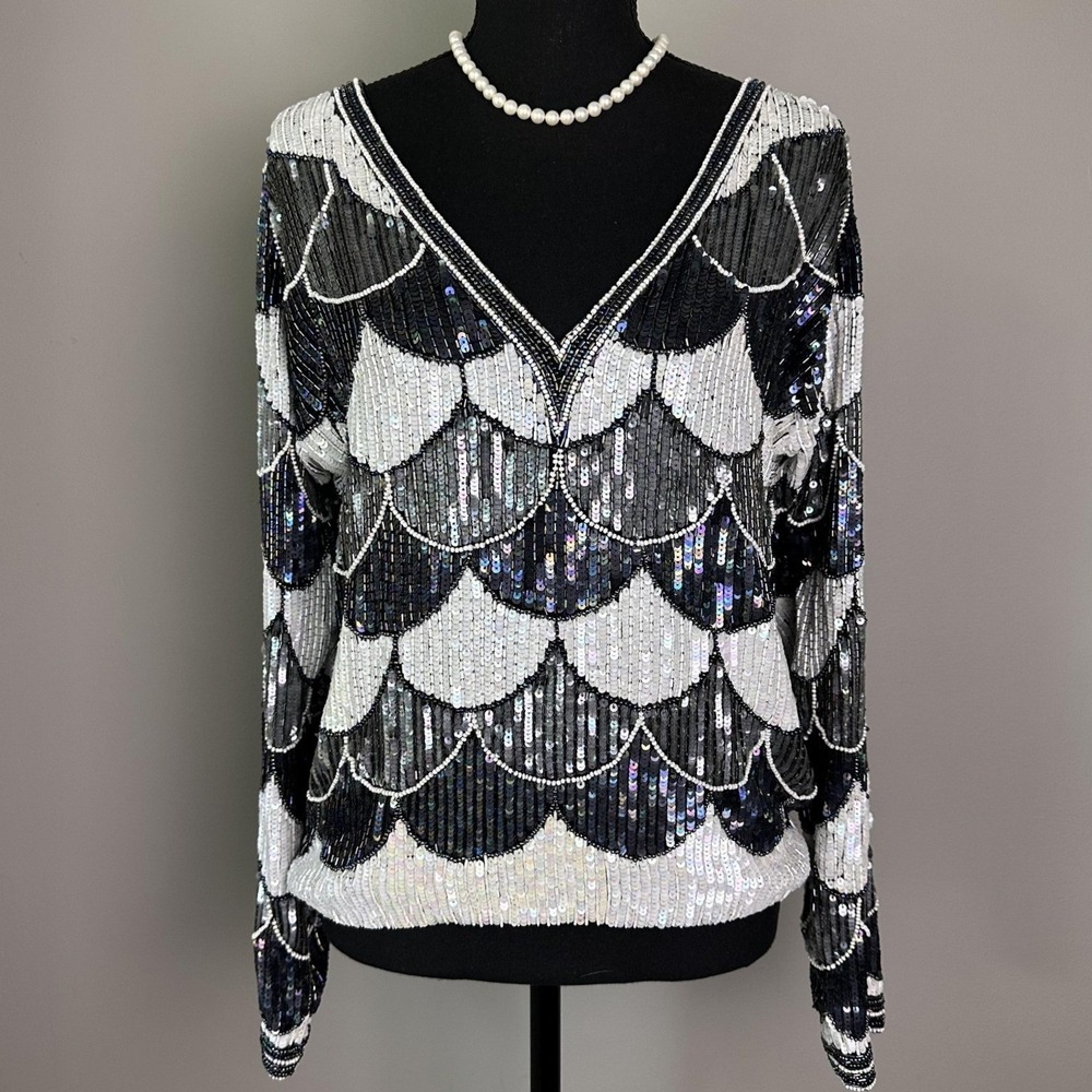 Vintage Sister Max Sweater Womens Small Black White Sequin Silk Beaded Party 80s